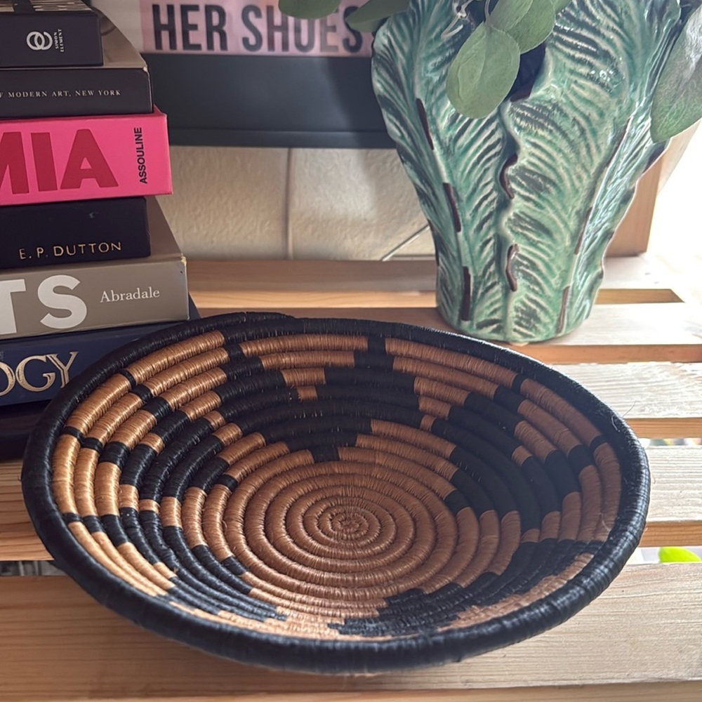 Vintage Handcrafted Black and Brown Woven Basket bohemian southwest hanging wall